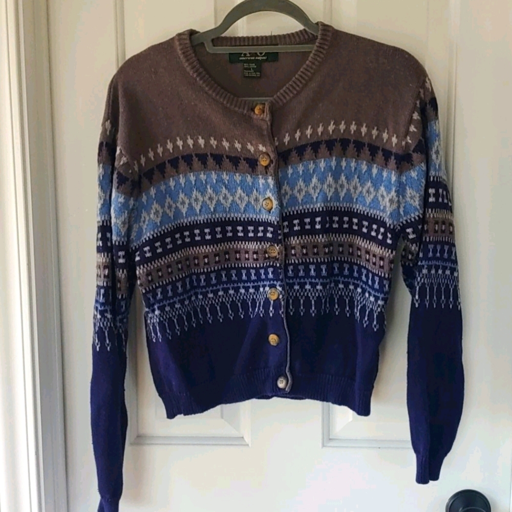 Blue and gray button up cardigan sweater